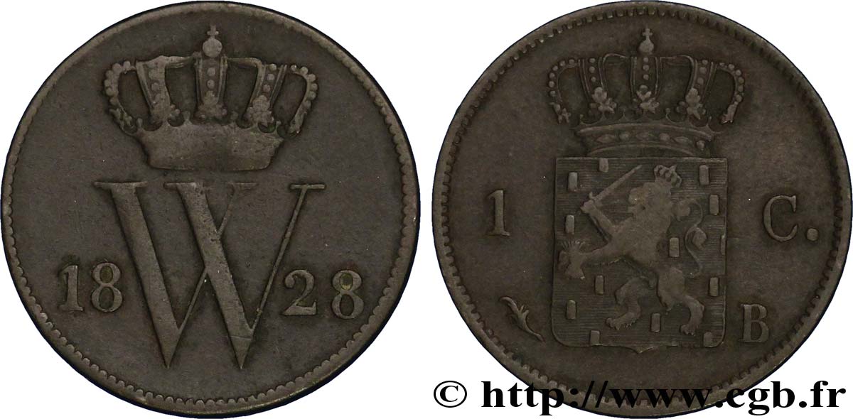 PAYS-BAS 1 Cent emblème monogramme de Guillaume Ier 1828 Bruxelles TB 