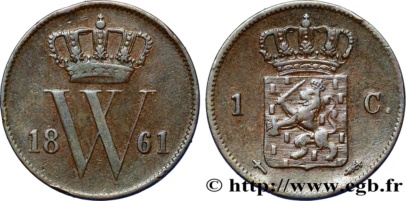 NETHERLANDS 1 Cent emblème monogramme de Guillaume III 1861 Utrecht VF 