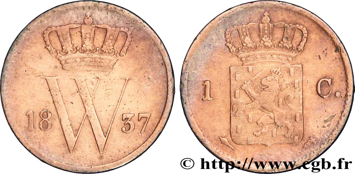 PAYS-BAS 1 Cent emblème monogramme de Guillaume Ier 1837 Utrecht TB+ 