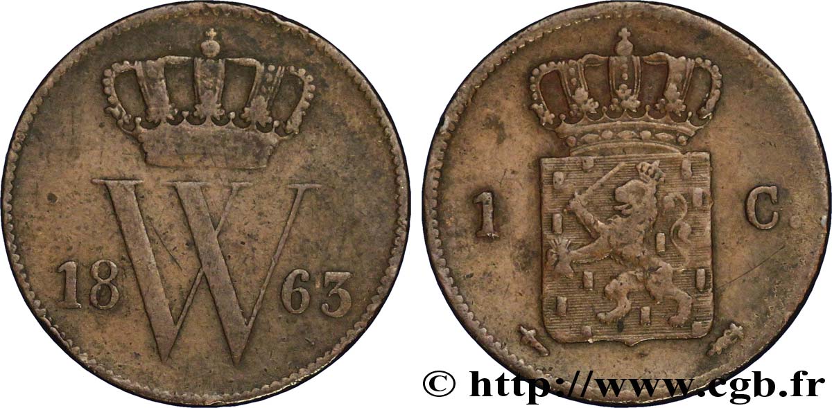 NETHERLANDS 1 Cent emblème monogramme de Guillaume III 1863 Utrecht VF 