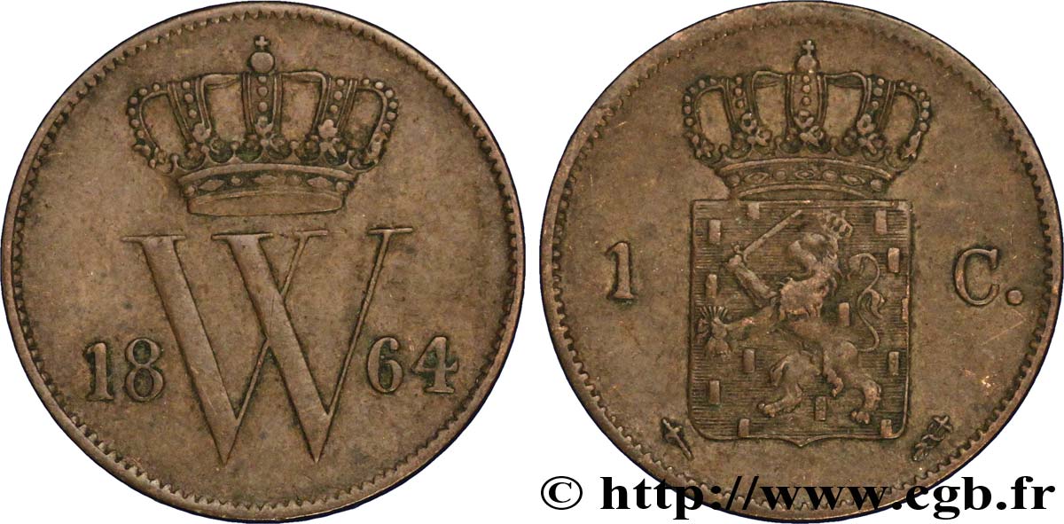 PAYS-BAS 1 Cent emblème monogramme de Guillaume III 1864 Utrecht TTB 