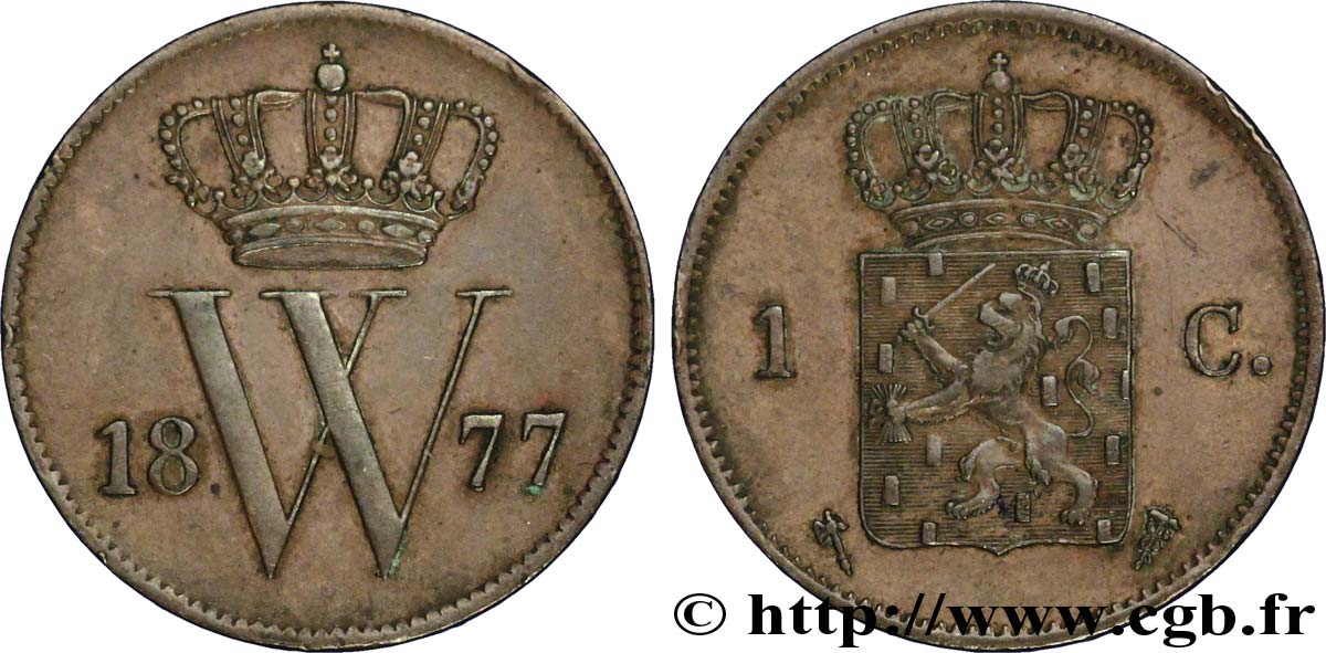 PAYS-BAS 1 Cent emblème monogramme de Guillaume III 1877 Utrecht TTB+ 
