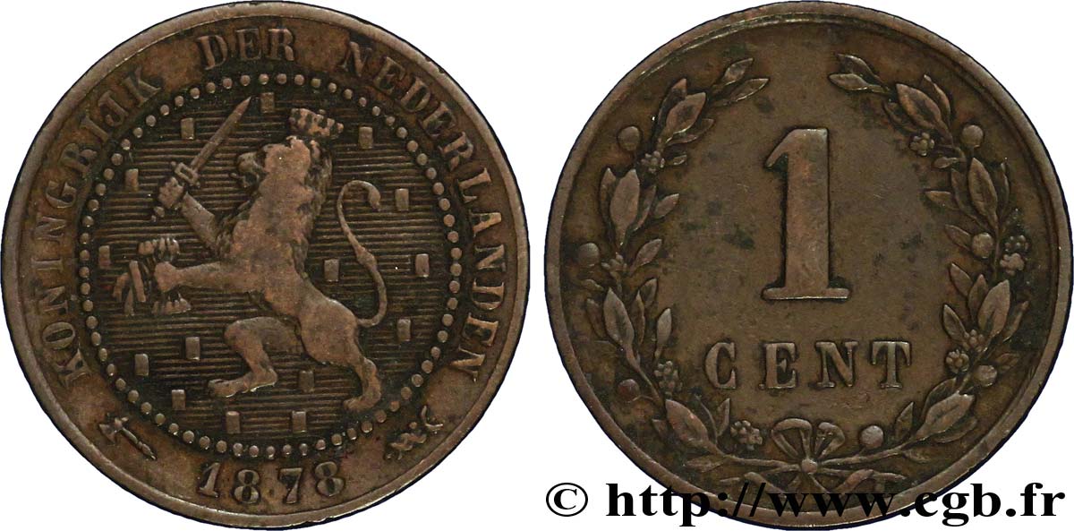 PAYS-BAS 1 Cent lion couronné 1878 Utrecht TB 