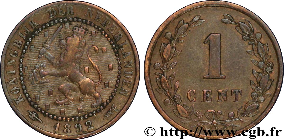 PAYS-BAS 1 Cent lion couronné 1892 Utrecht TB 