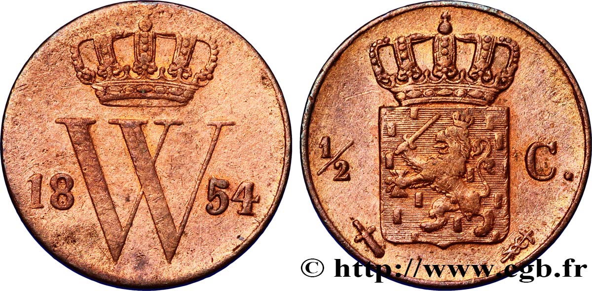 NETHERLANDS 1/2 Cent  emblème monogramme de Guillaume III 1854 Utrecht XF 
