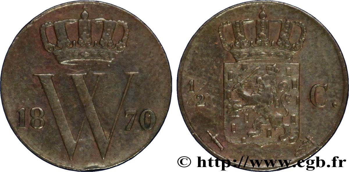 NETHERLANDS 1/2 Cent  emblème monogramme de Guillaume III 1870 Utrecht XF 