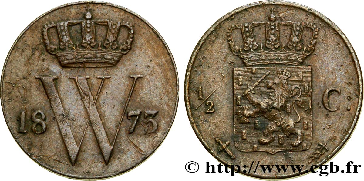 PAYS-BAS 1/2 Cent  emblème monogramme de Guillaume III 1873 Utrecht TTB+ 