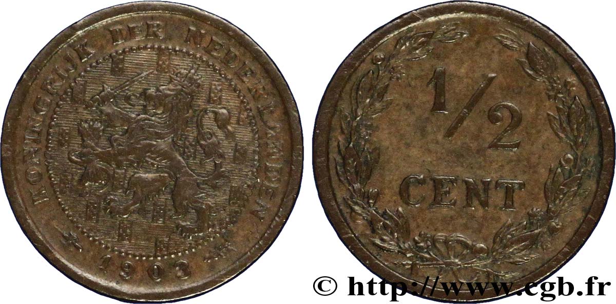 NETHERLANDS 1/2 Cent lion couronné 1903 Utrecht AU 