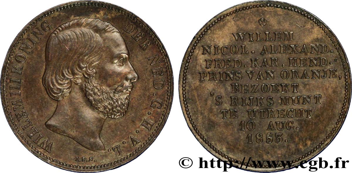 PAYS-BAS Médaille de visite à la monnaie d’Utrecht de Guillaume III  1853  SUP 