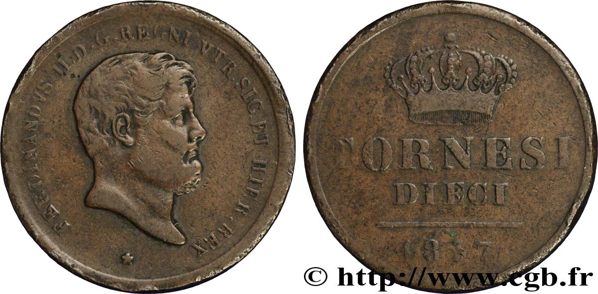ITALIE - ROYAUME DES DEUX-SICILES 10 Tornesi Ferdinand II, roi de Naples et Sicile 1857  TB 
