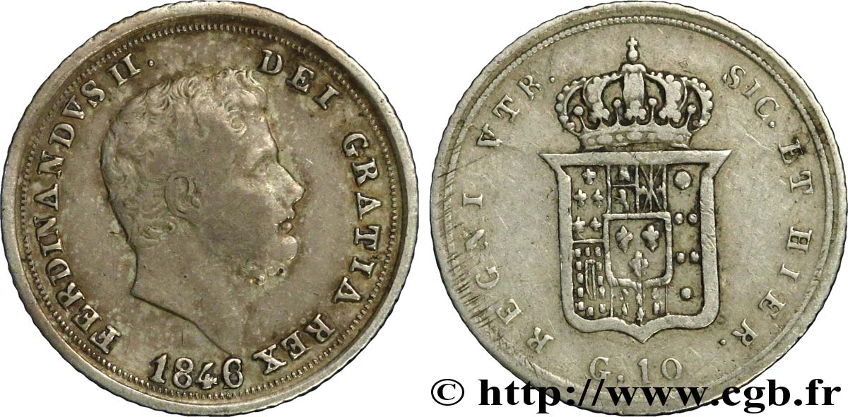 ITALIE - ROYAUME DES DEUX-SICILES 10 Grana Ferdinand II, roi de Naples et Sicile 1846  TB+ 