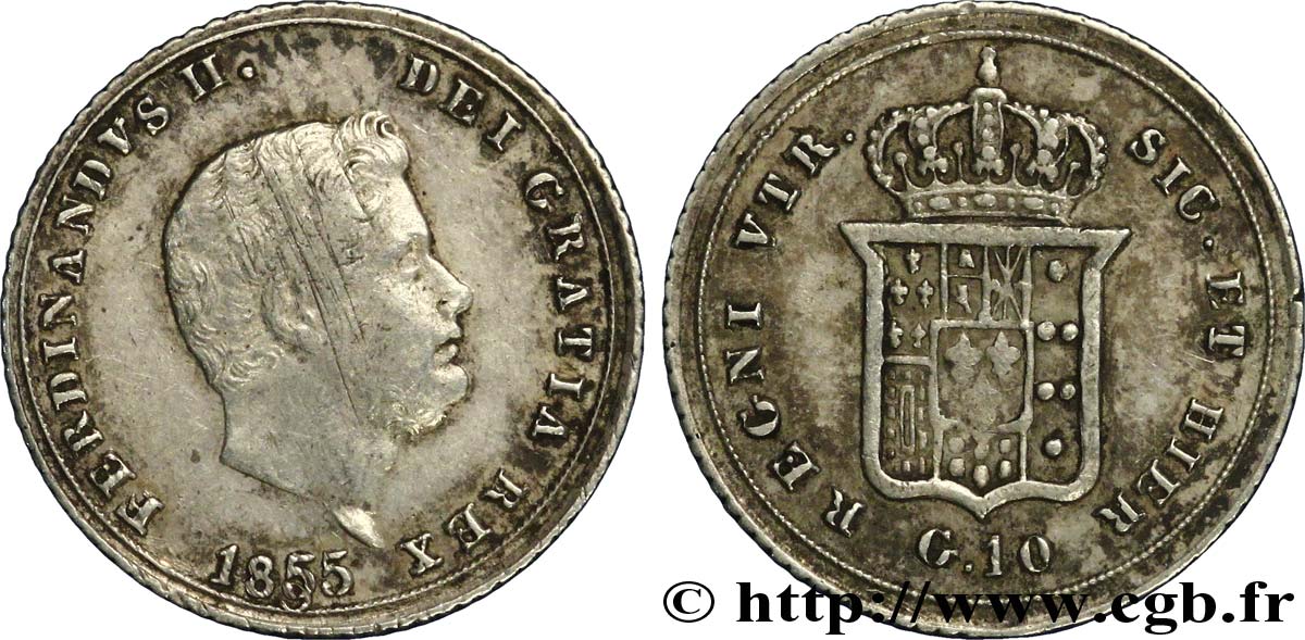 ITALIE - ROYAUME DES DEUX-SICILES 10 Grana Royaume des Deux-Siciles, Ferdinand II / écu couronné 1855 Naples TTB 