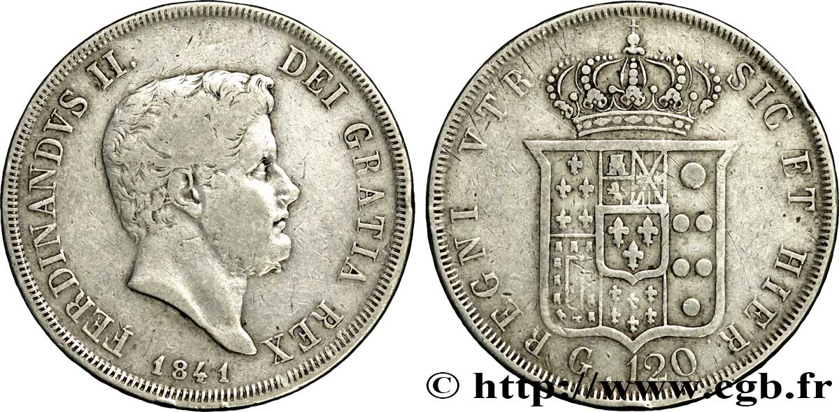 ITALIE - ROYAUME DES DEUX-SICILES 120 Grana Ferdinand II, roi de Naples et Sicile 1841 Naples TB+ 