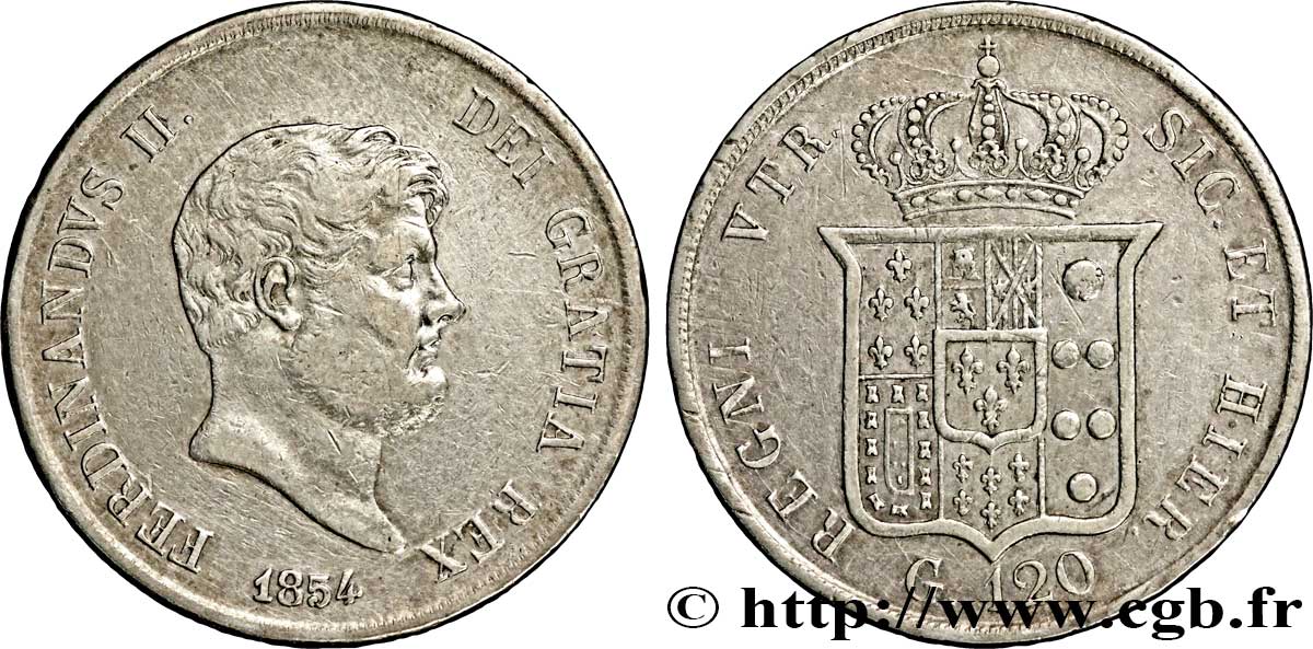 ITALIE - ROYAUME DES DEUX-SICILES 120 Grana Royaume des Deux-Siciles, Ferdinand II / écu couronné 1854 Naples TB+ 