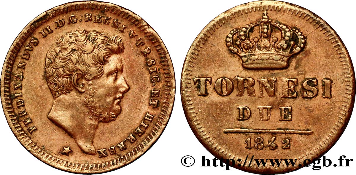 ITALIE - ROYAUME DES DEUX-SICILES 2 Tornesi Ferdinand II, roi de Naples et Sicile 1842  TTB+ 