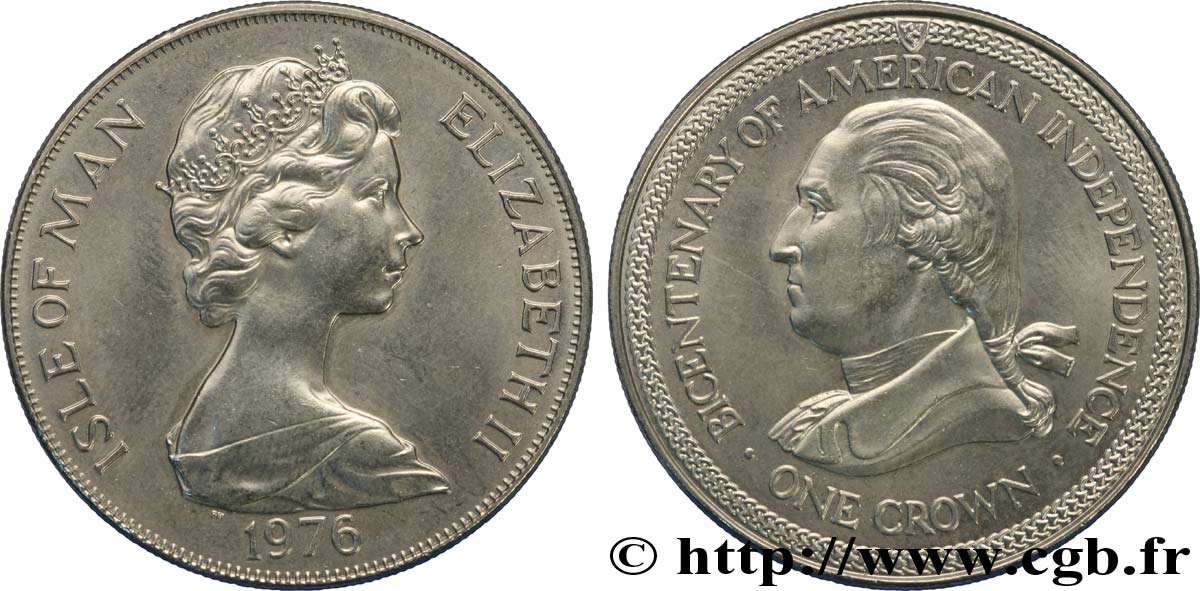 ÎLE DE MAN 1 Crown bicentenaire de la l’Indépendance américaine : Elisabeth II / Georges Washington 1976  SPL 