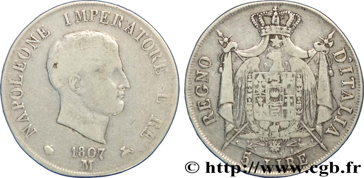 ITALIE - ROYAUME D ITALIE - NAPOLÉON Ier 5 Lire Napoléon Empereur et Roi d’Italie tranche en relief 1807 Milan - M TB 