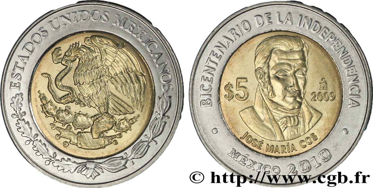 MÉXICO 5 Pesos Bicentenaire de l’Indépendance : aigle / José María Cos 2009 Mexico SC 