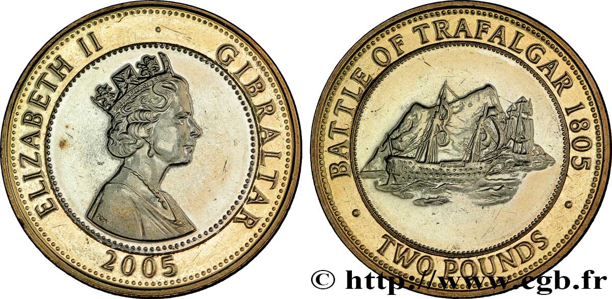 GIBRALTAR 2 Pounds (2 Livres) Elisabeth II / bataille navale de Trafalgar en 1805 2005  MS 