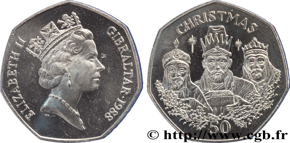 GIBRALTAR 50 Pence Elisabeth II / Noël : les trois rois mages 1988  SPL 