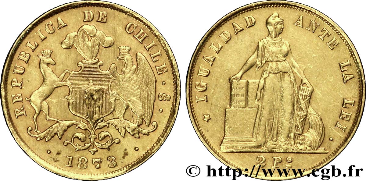 CHILI 2 Pesos Or 1873 Santiago du Chili TTB+ 