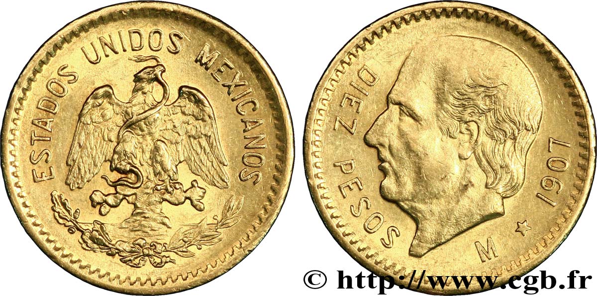 MEXIQUE 10 Pesos or Miguel Hidalgo y Costilla 1907 Mexico, M, 1.589.000 ex SUP/TTB+ 
