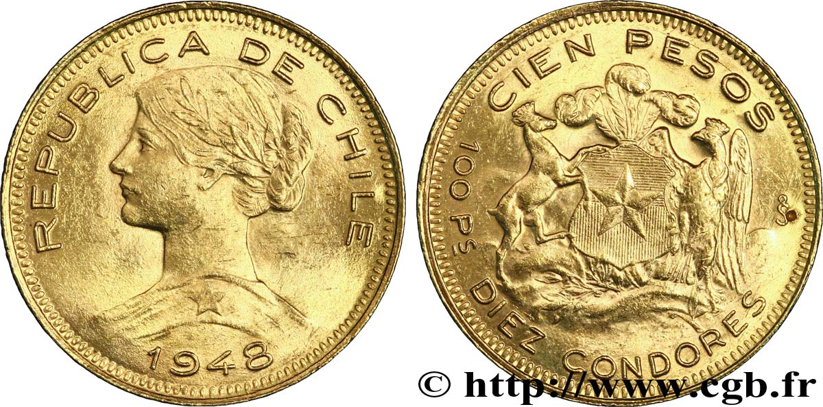 CHILI 100 Pesos or ou 10 Condores en or, 2e type 1948 Santiago SUP 