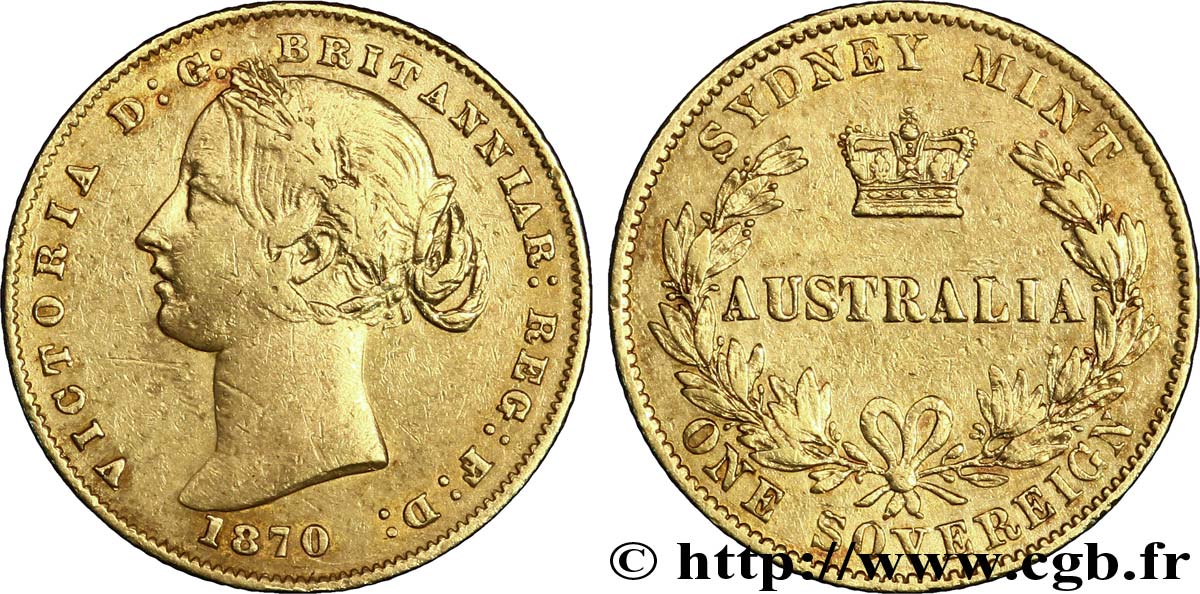 AUSTRALIE 1 Souverain OR reine Victoria / couronne entre deux branches d’olivier 1870 Sydney TB+ 