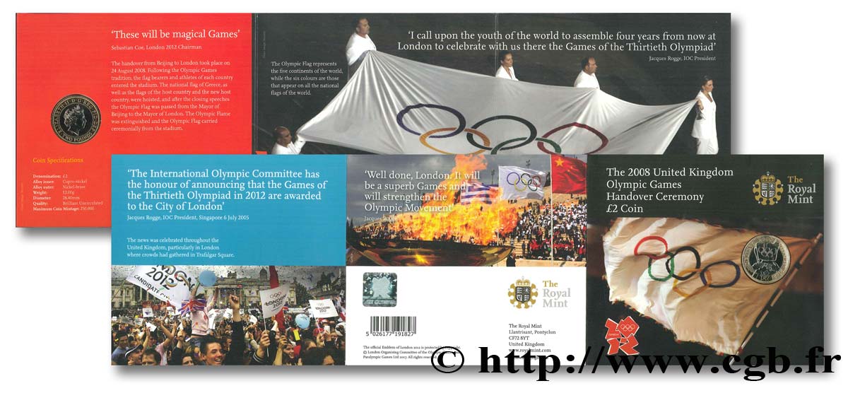 ROYAUME-UNI 2 Pounds Jeux Olympiques de Londres : Elisabeth II / passage du drapeau olympique 2008  FDC 