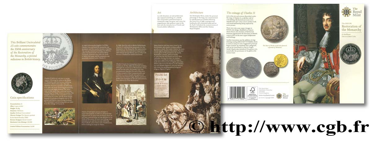 ROYAUME-UNI 5 Pounds Restauration de la Monarchie : Elisabeth II / couronne et monogramme de Charles II 2010  FDC 