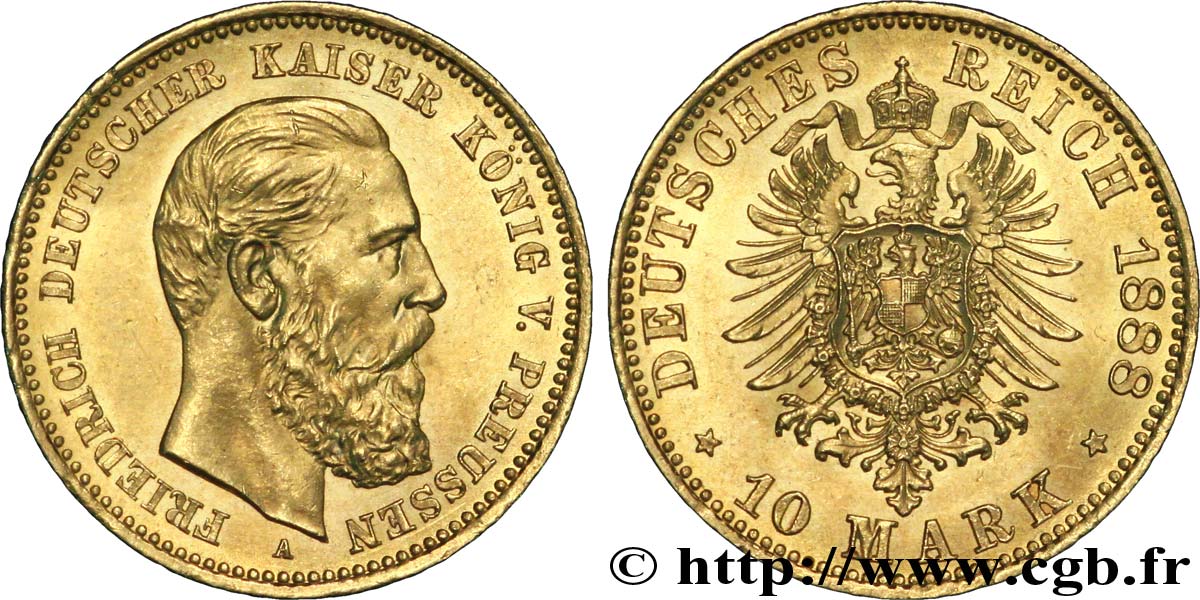 ALLEMAGNE - PRUSSE 10 Mark or Frédéric III de Prusse / aigle impérial 1888 Berlin SPL 