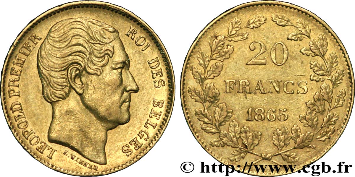 BELGIQUE 20 Francs Léopold Ier 1865 Bruxelles TTB 