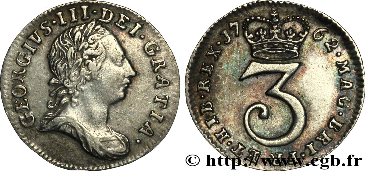 ROYAUME-UNI 3 Pence Georges III tête laurée 1762  TTB+ 