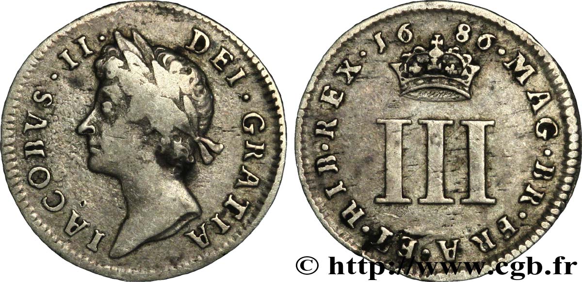 ROYAUME-UNI 3 Pence Jacques II / emblème 1686  TB+ 