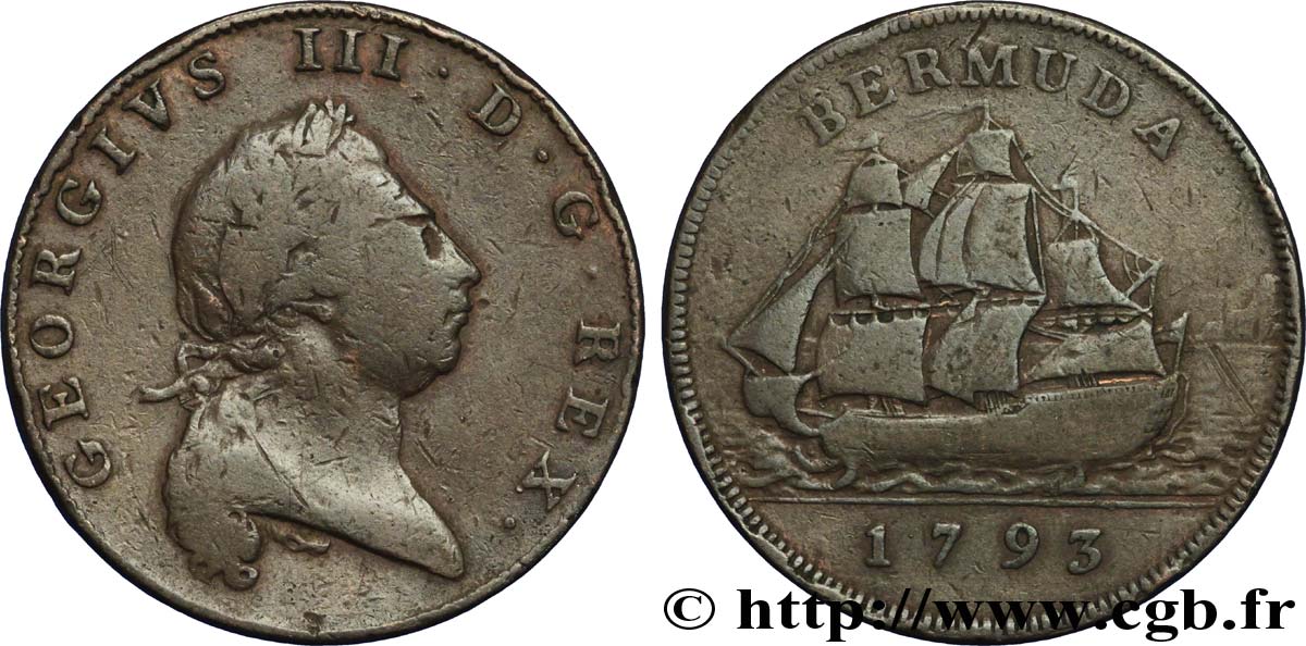 BERMUDES 1 Penny Georges III / voilier 1793  TB 