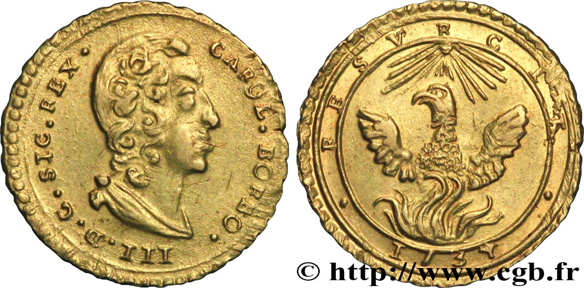 ITALIE - SICILE 1 Oncia d’or Charles III de Bourbon 1734 Palerme TTB/TB 