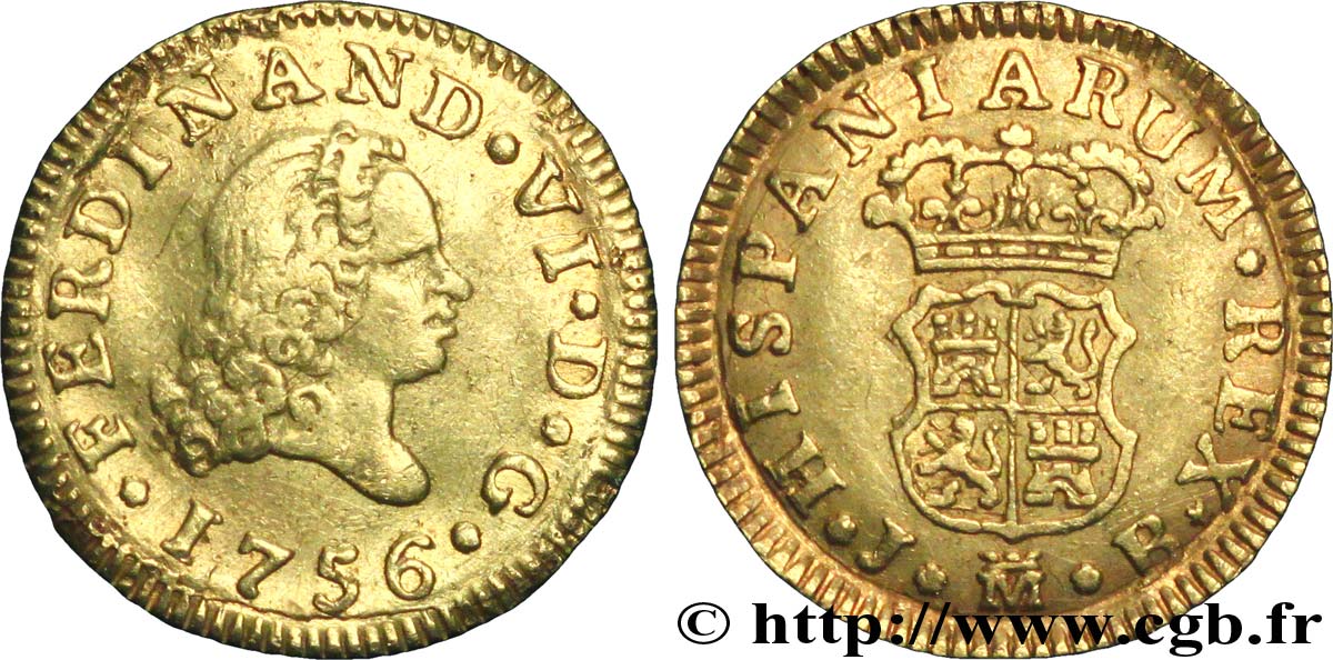 ESPAGNE 1/2 Escudo Ferdinand VI 1756 Madrid  TTB 