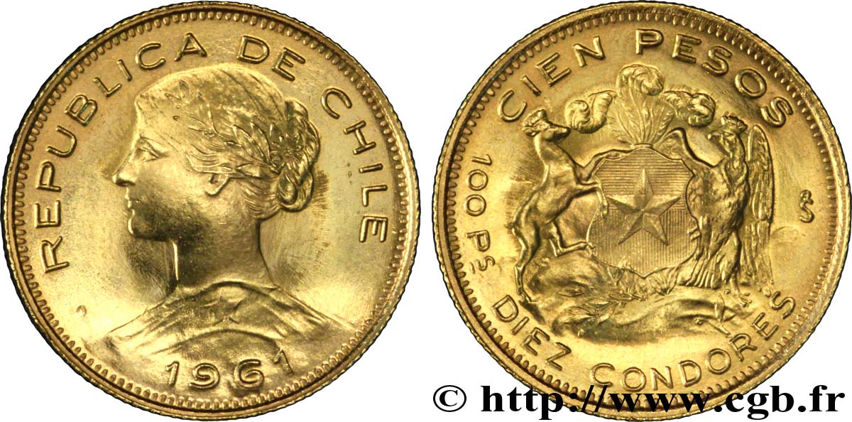 CHILI 100 Pesos or ou 10 condores en or, 2e type buste de la République / écu  1961 Santiago - S° SUP 