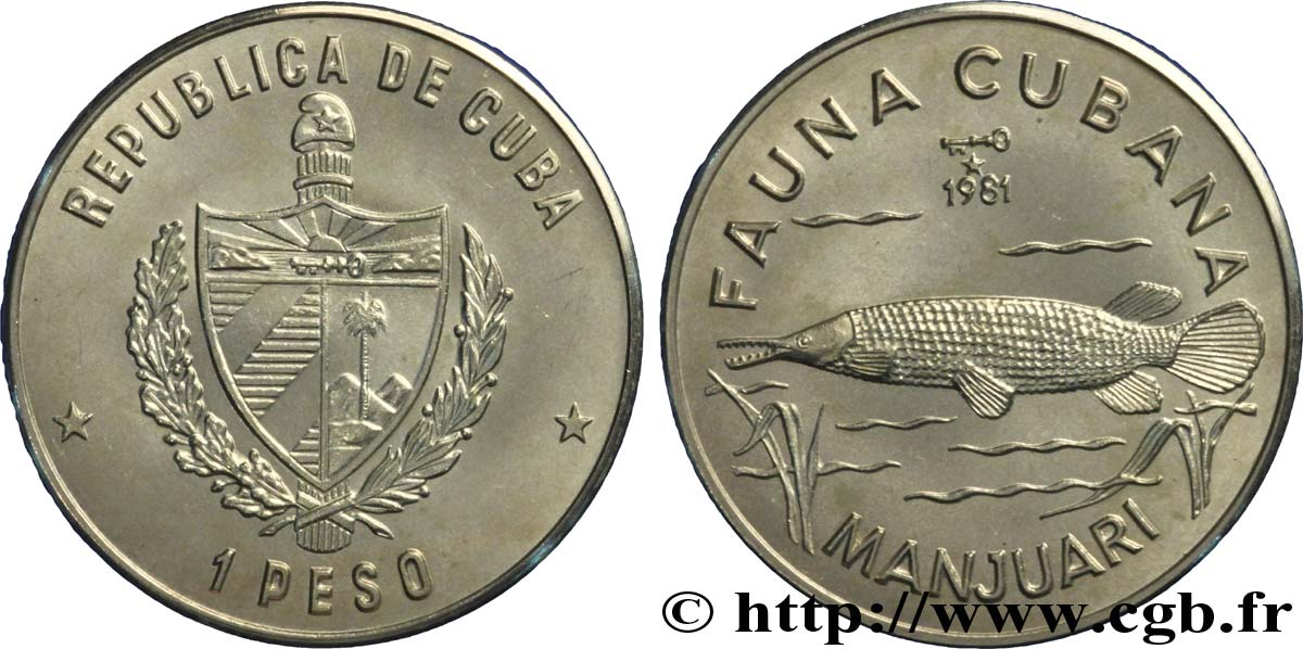 CUBA 1 Peso armes / série Faune Cubaine / manjuani (poisson crocodile) 1981 La Havane SUP 