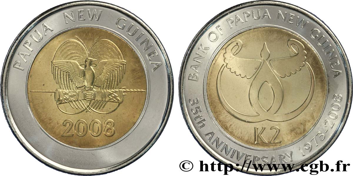 PAPUA NEW GUINEA 2 Kina 35e anniversaire de la Banque centrale, oiseau de paradis 2008  MS 