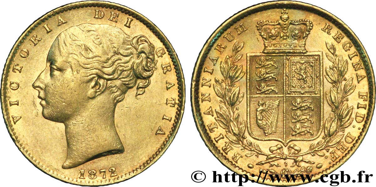 ROYAUME-UNI 1 Souverain Victoria buste jeune / blason variété avec numéro de coin, coin n°83 1872 Londres SUP 