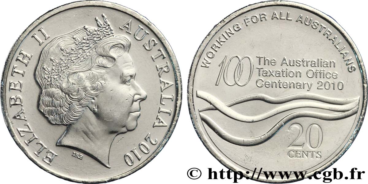 AUSTRALIEN 20 Cents Elisabeth II / centenaire du bureau Australien de taxation 2010  VZ 