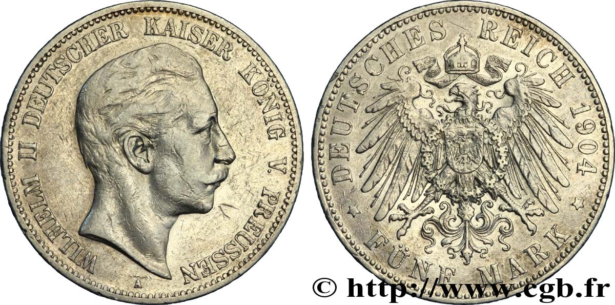 ALLEMAGNE - PRUSSE 5 Mark Guillaume II / aigle 1904 Berlin TTB 