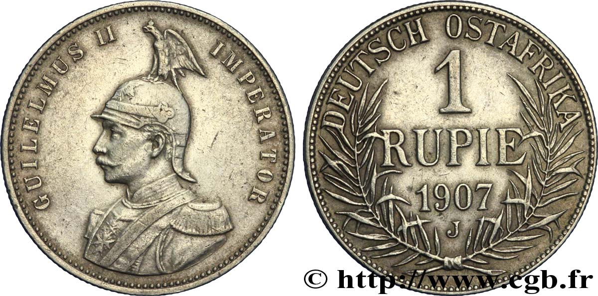 AFRIQUE ORIENTALE ALLEMANDE 1 Roupie Deutch Ostafrica : empereur d’Allemagne Guillaume II, buste casqué 1907 Hambourg - J TTB 