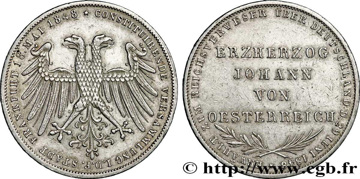 ALLEMAGNE - VILLE LIBRE DE FRANCFORT 2 Gulden élection de Jean Archiduc d’Autriche 1848  TTB 