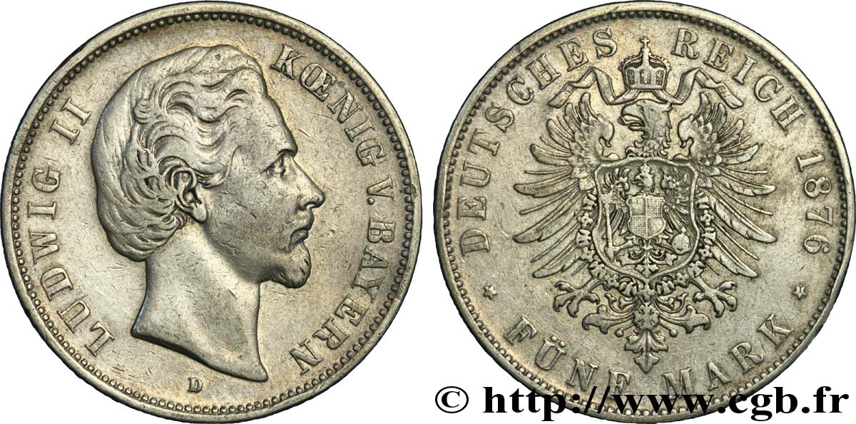 ALLEMAGNE - BAVIÈRE 5 Mark Louis II 1876 Munich  TB+ 