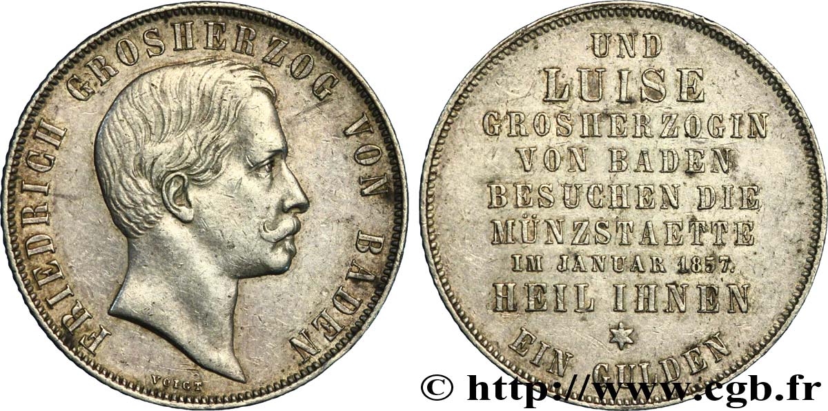 ALLEMAGNE - BADE 1 Gulden Frédéric Ier Grand-Duc de Bade, visite à la Monnaie 1857 Karlsruhe TTB 