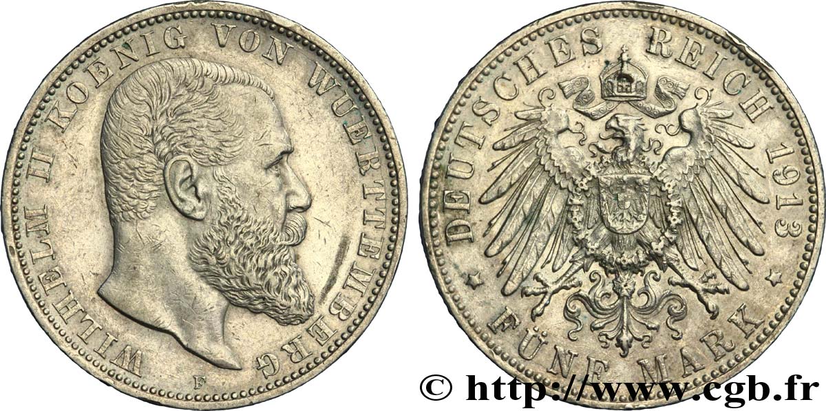 ALLEMAGNE - WURTEMBERG 5 Mark Royaume du Wurtemberg Guillaume II 1913 Stuttgart - F SUP 