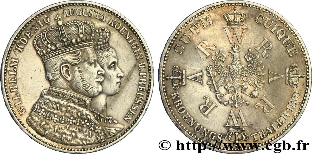 ALLEMAGNE - PRUSSE 1 Thaler couronnement de Guillaume Ier et Augusta, roi et reine de Prusse / aigle héraldique 1861 Berlin TTB+ 