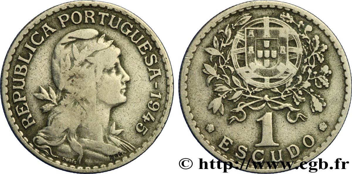 PORTUGAL 1 Escudo femme au bonnet phrygien / emblème 1945  TB+ 